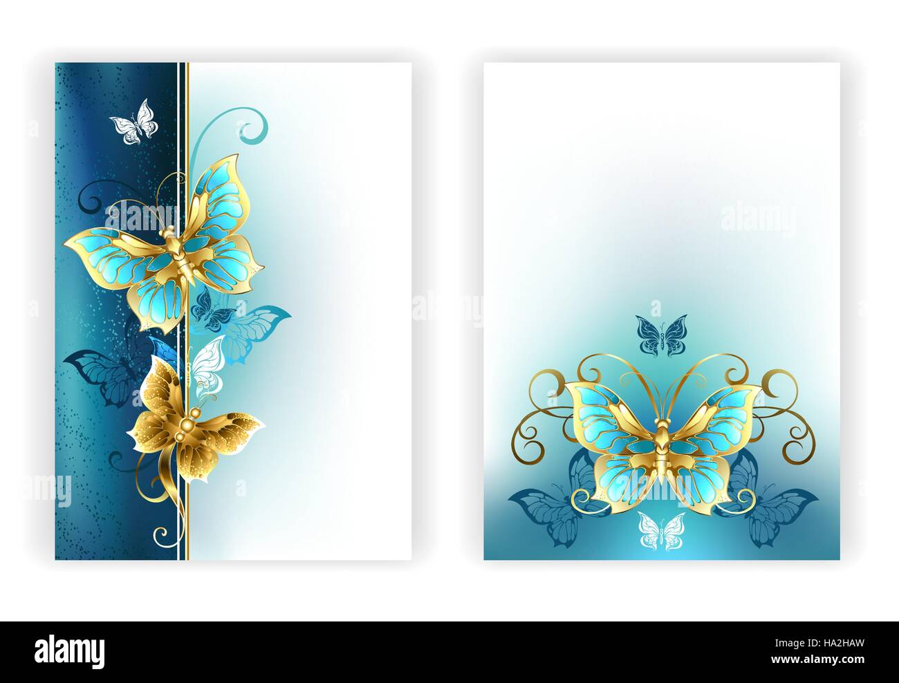 Brochure pour la conception de luxe, de bijoux, d'or papillons sur un fond turquoise clair et texturales. Papillon d'or. Illustration de Vecteur