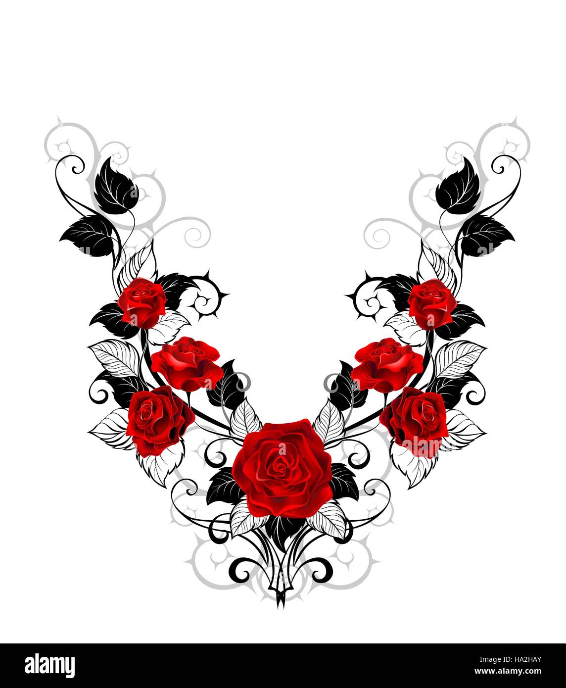 Motif symétrique de roses rouges et noires feuilles et tiges sur un fond blanc. Conception de style tatouage. roses. Illustration de Vecteur