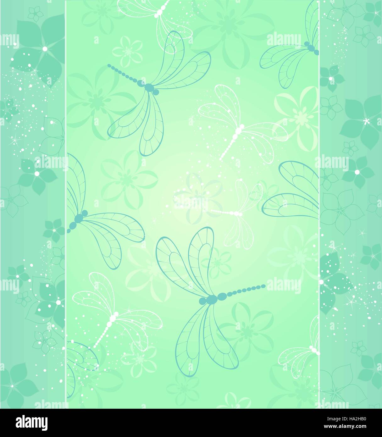 Beau design avec libellules et fleurs stylisées sur fond vert clair. Illustration de Vecteur