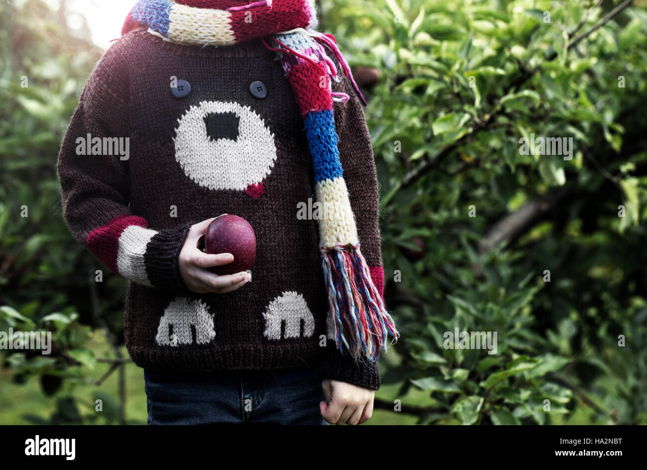 Boy standing in garden holding an apple Banque D'Images