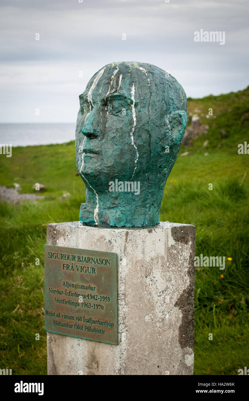 Statue de l'île de Vigur Sigurdur Bjarnason sur en Islande. Banque D'Images