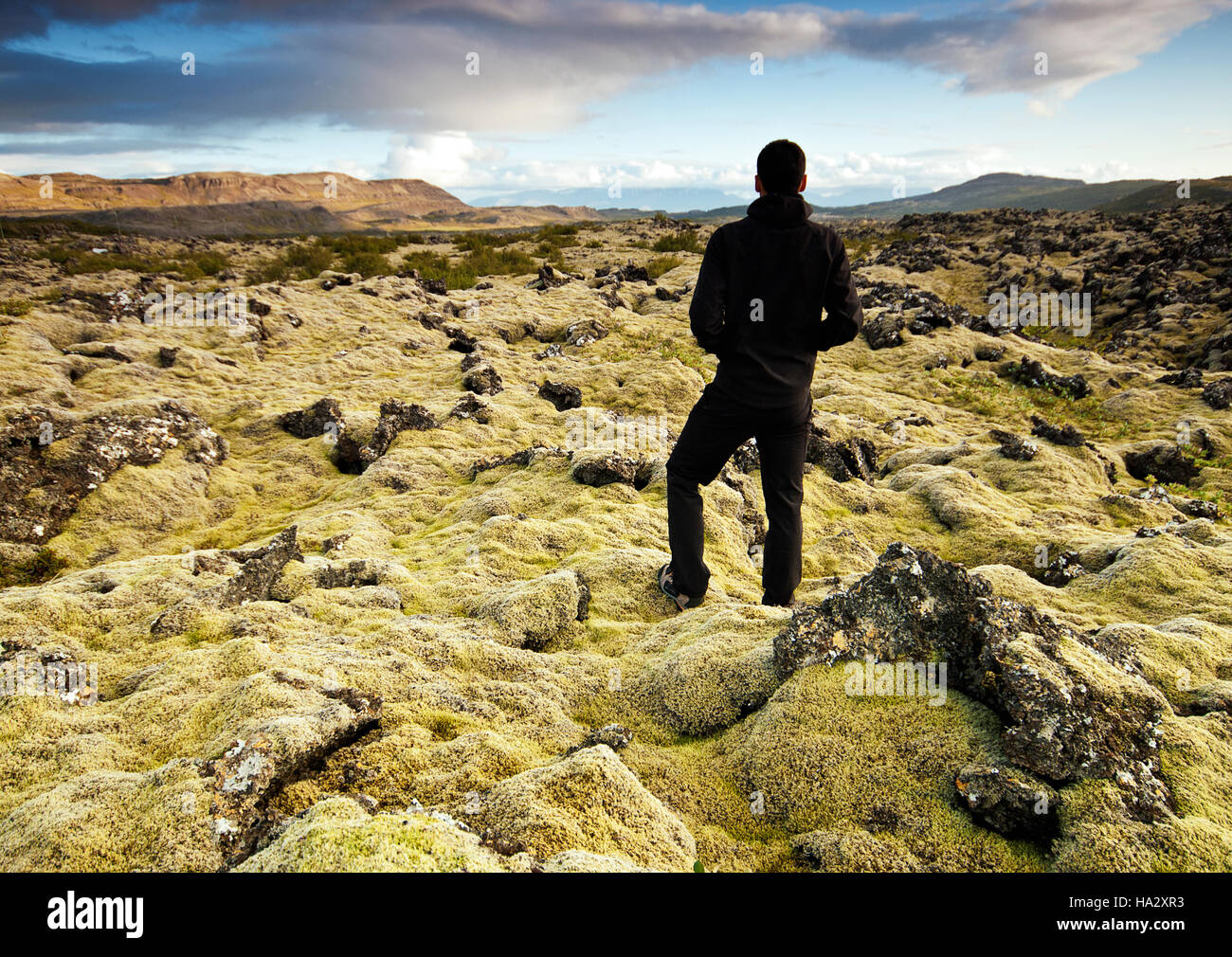 Homme debout, dans un champ de lave, de l'Islande Banque D'Images
