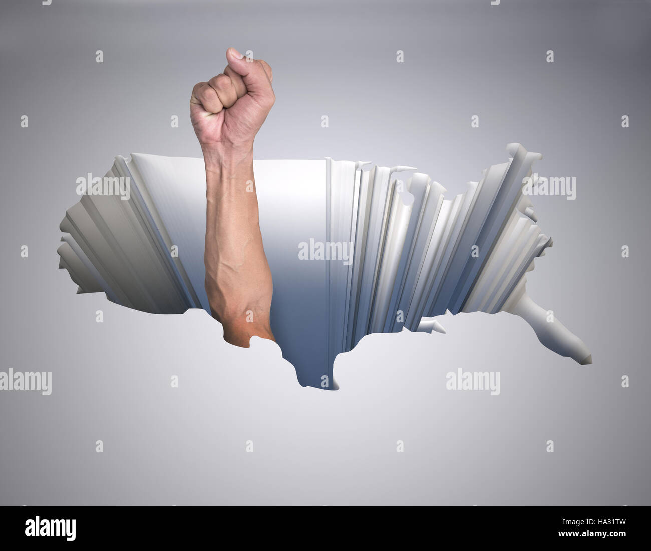 Trou avec une carte des États-Unis d'Amérique et le bras avec fist, 3d illustration Banque D'Images