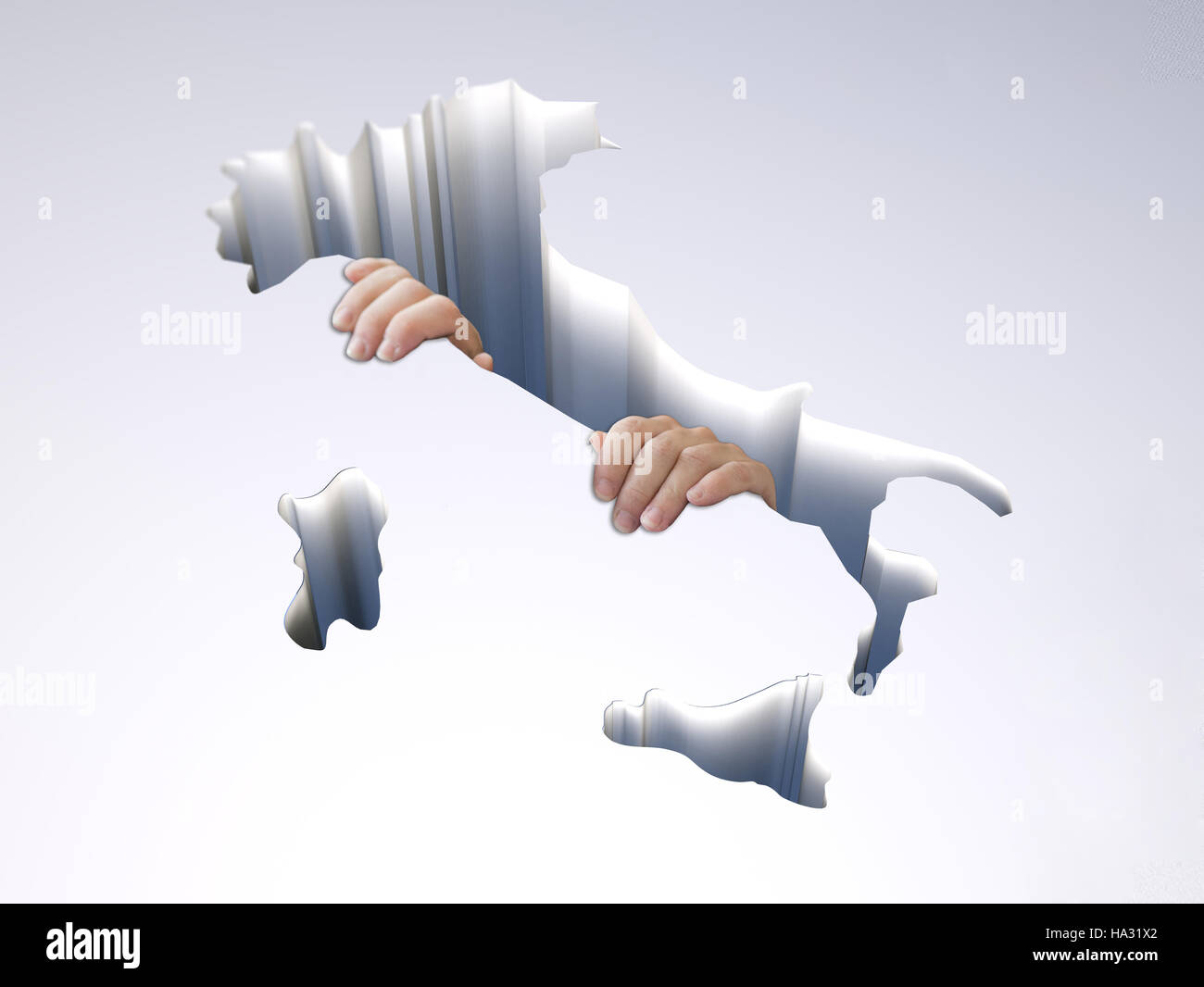 Trou à l'aide d'une carte de l'Italie avec mains accrochant, 3d illustration Banque D'Images