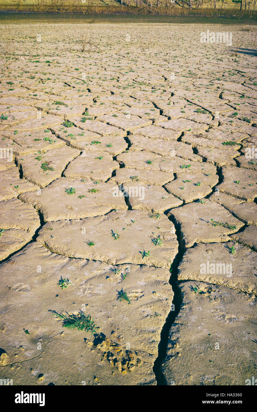 Zahara - El Gastor réservoir, la Province de Cádiz, Andalousie, Espagne du sud. Sol fissuré et séché lorsque l'approvisionnement en eau à faible niveau. Banque D'Images