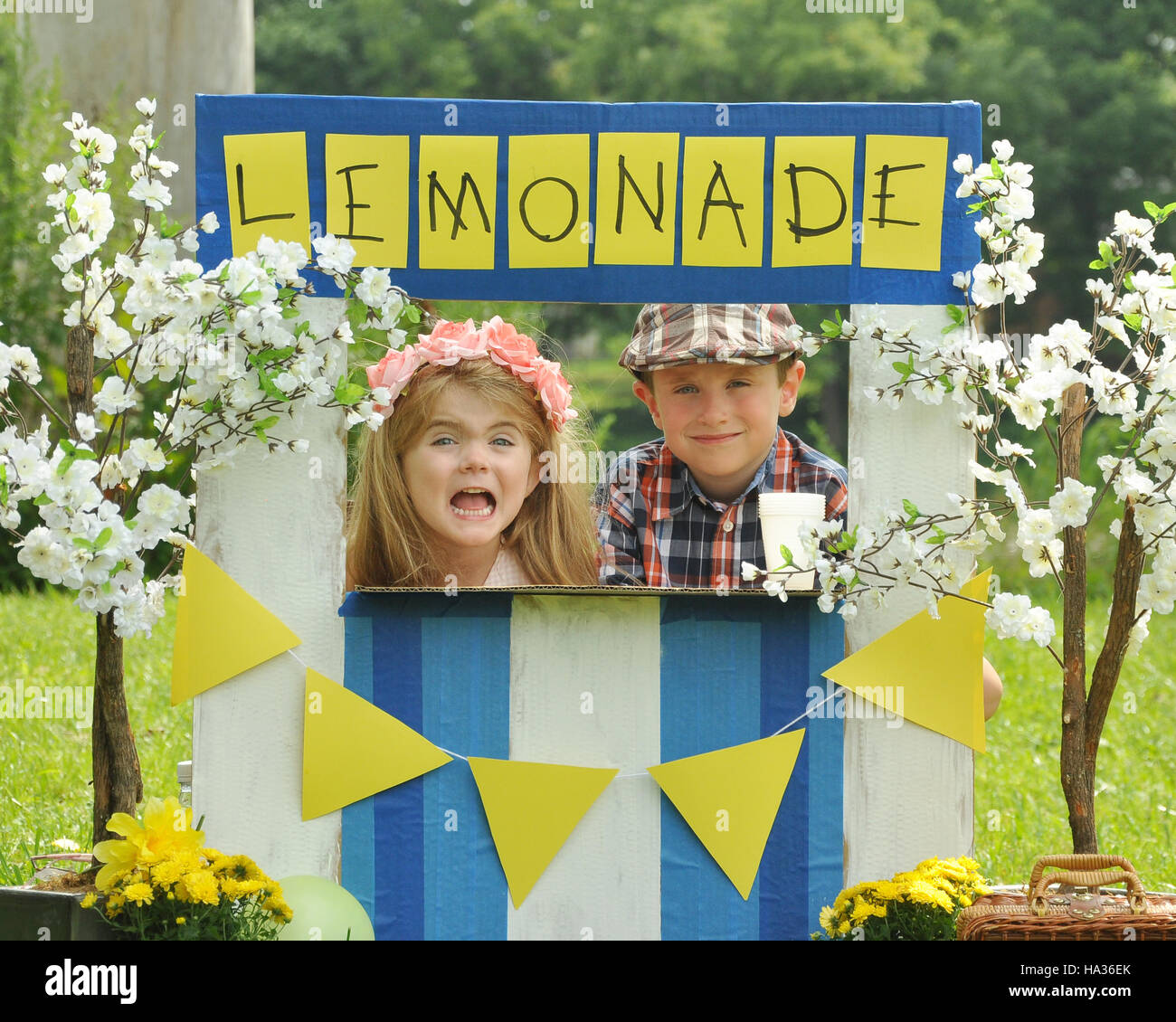 Deux jeunes enfants vendent à une limonade limonade fait maison se tiennent sur une journée ensoleillée avec un signe pour un entrepreneur concept. Banque D'Images