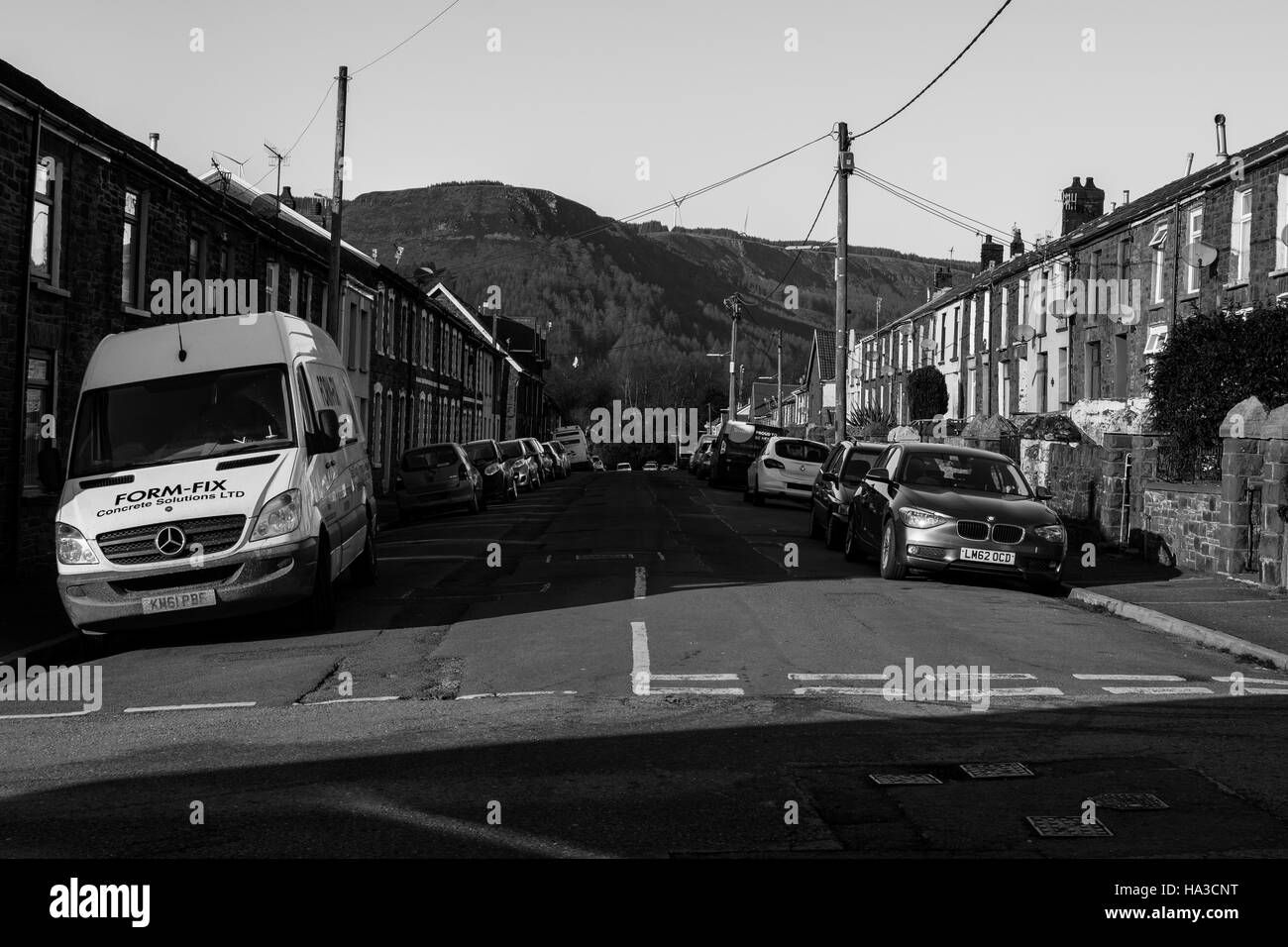 Treherbert, Rhondda Valleys, logement en terrasse vue sur Penpych Banque D'Images