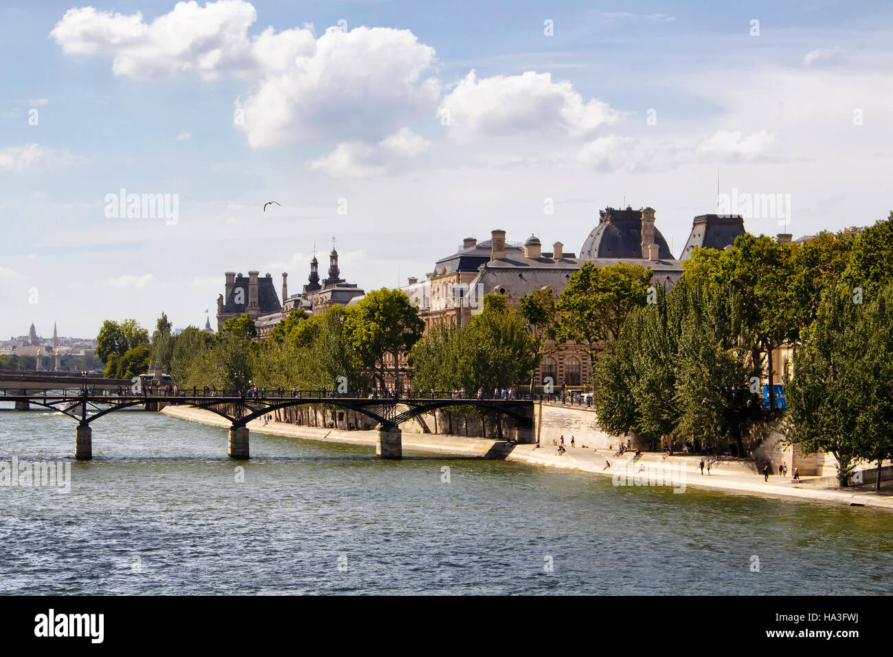 Vue sur Seine, Pont des Arts, arbres et bâtiments à Paris. Banque D'Images