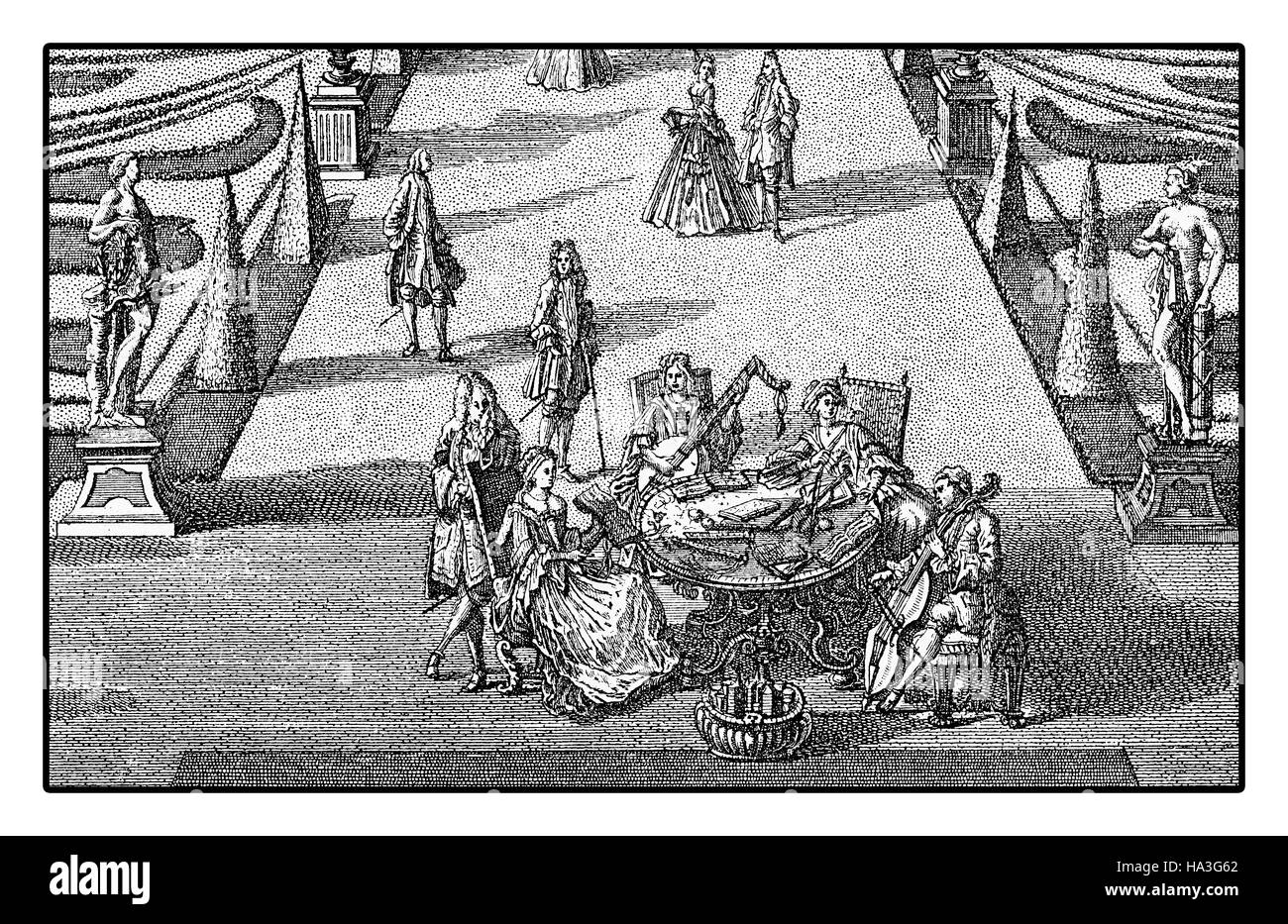 Fête de mariage et célébration de loisirs avec music in garden, gravure 18e siècle Banque D'Images