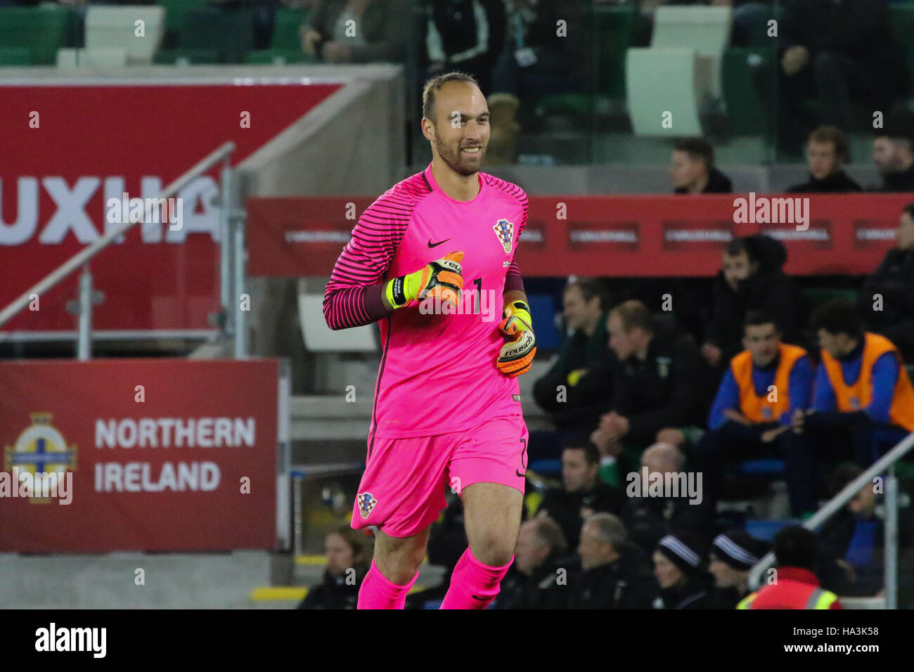 Stade national de football à Windsor Park, Belfast. 15 novembre 2016. Match amical - Irlande du Nord 0 Croatie 3. Ivan Vargić (1) - gardien de but en action pour la Croatie. Banque D'Images