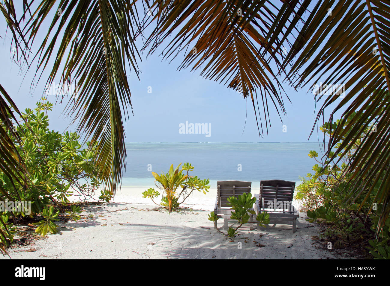 Chaise longue sur une plage tropicale. Fun Island (Bodufinolhu), South Male Atoll, Maldives Banque D'Images