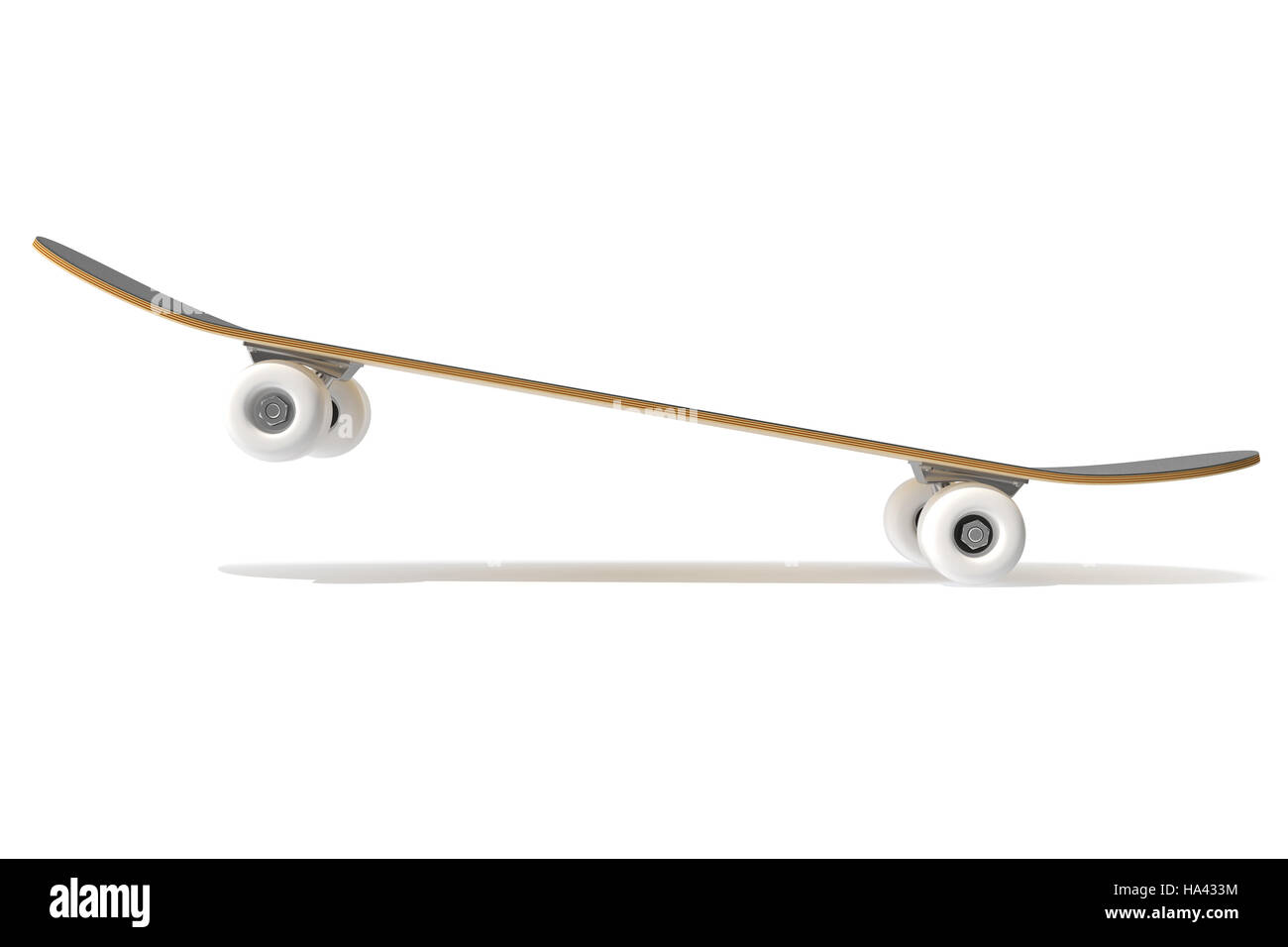 Le rendu 3D skateboard sur fond blanc isolé de l'air vue latérale Banque D'Images