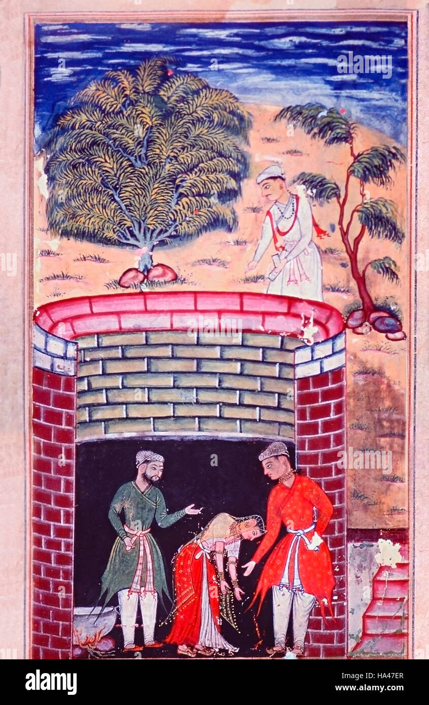 Le tableau représente la fille du roi d'un djinn s'inclinant devant le roi des rois qui a subi l'épreuve du passage dans l'huile bouillante Banque D'Images