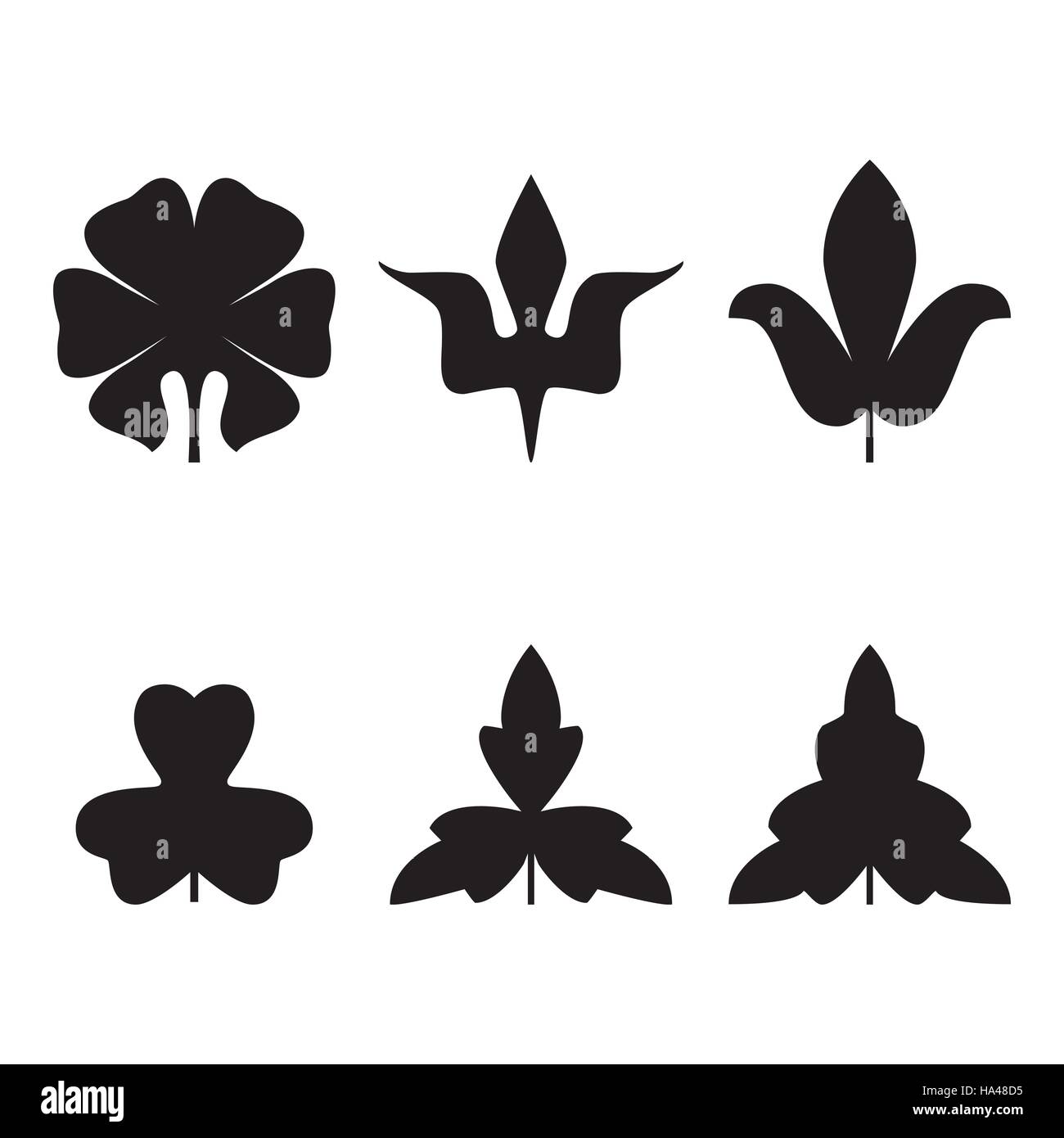 Jeu de motifs décoratifs feuilles noir isolé sur blanc. Différentes formes de feuilles noires. Éléments d'eco et bio logos Illustration de Vecteur