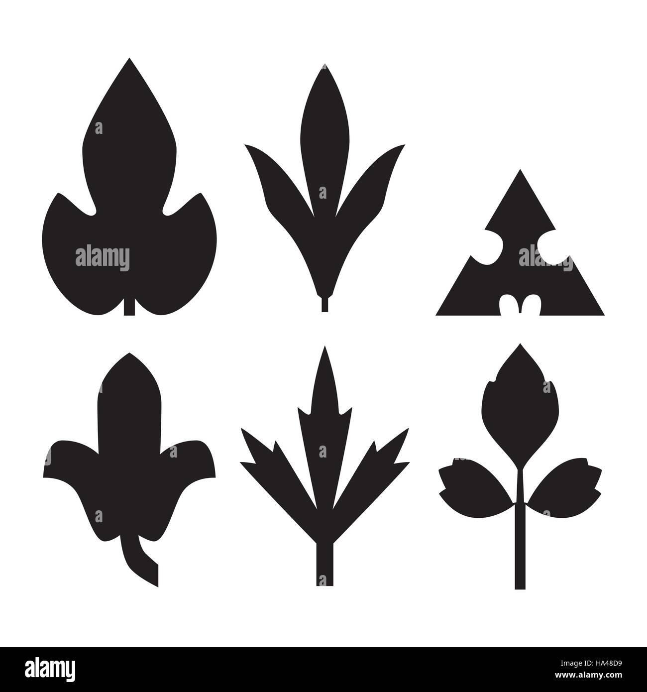 Jeu de motifs décoratifs feuilles noir isolé sur blanc. Différentes formes de feuilles noires. Éléments d'eco et bio logos Illustration de Vecteur
