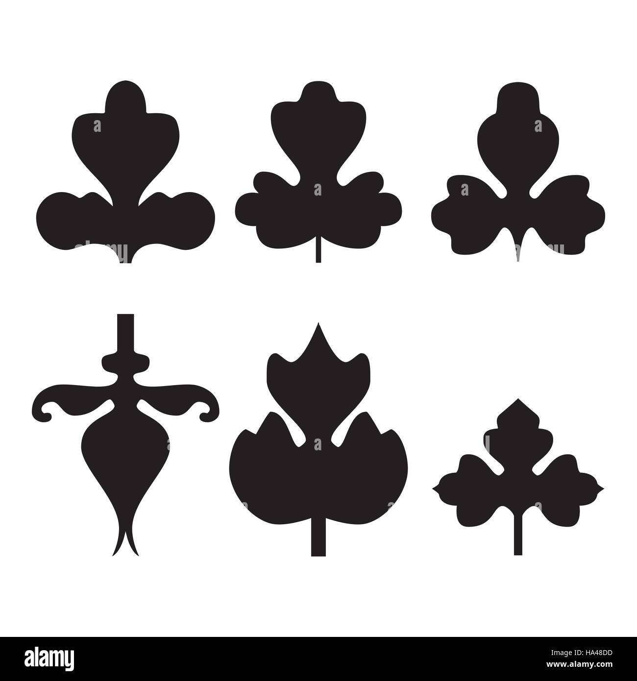 Jeu de motifs décoratifs feuilles noir isolé sur blanc. Différentes formes de feuilles noires. Éléments d'eco et bio logos Illustration de Vecteur