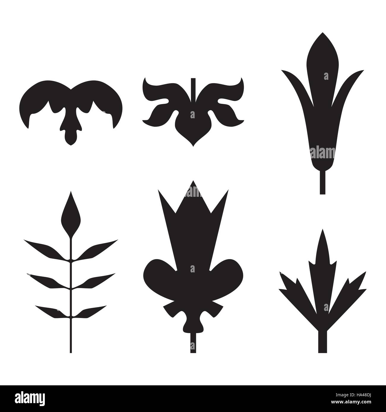 Jeu de motifs décoratifs feuilles noir isolé sur blanc. Différentes formes de feuilles noires. Éléments d'eco et bio logos Illustration de Vecteur