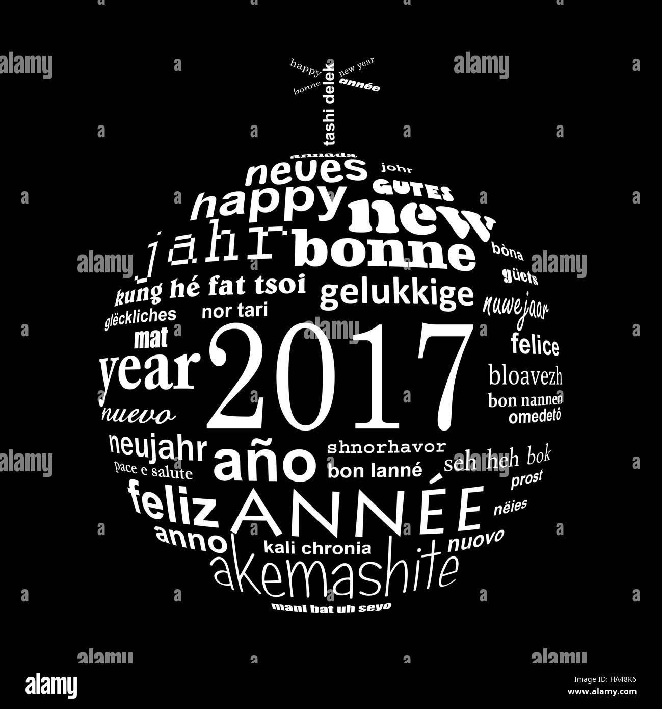 Nouvel an 2017 nuage de mots de texte multilingue carte de souhaits en forme de boule de noël Banque D'Images