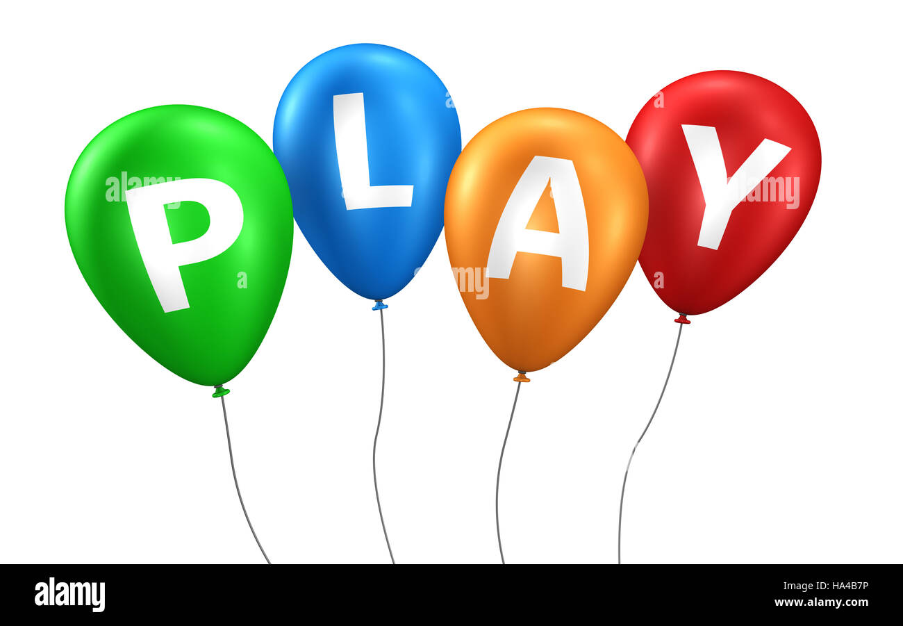 Jouer signe et mot sur ballons colorés illustration. Banque D'Images