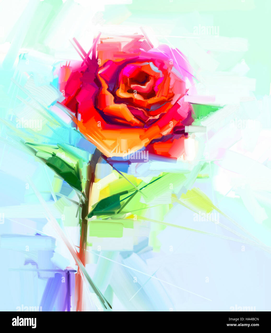 Résumé La peinture à l'huile de fleur de printemps. Still Life de rose rouge. Fleur bouquet coloré avec la lumière jaune, vert et bleu. Banque D'Images