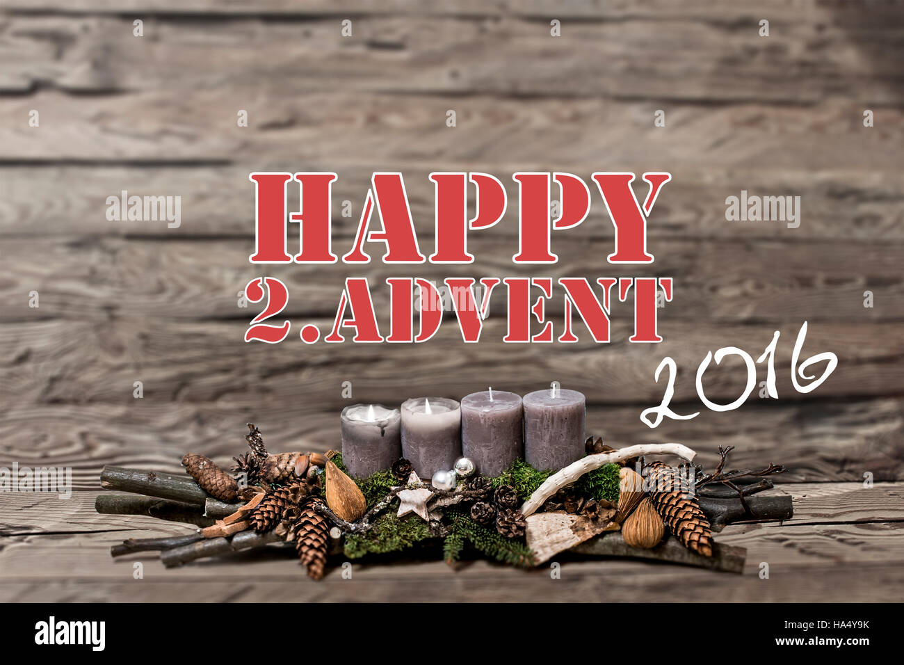 Joyeux Noël Décoration avènement 2016 avec brûler bougie gris fond flou message texte anglais 2e Banque D'Images