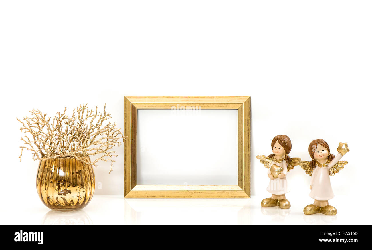 Cadre doré et décorations de Noël Ange avec espace pour votre photo ou texte Banque D'Images