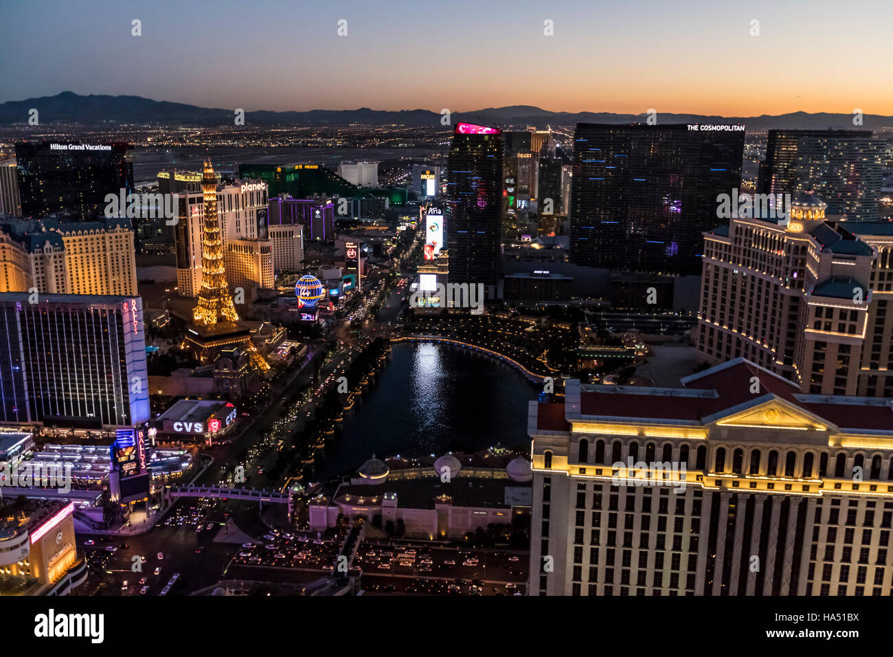 Vue aérienne de la bande le soir, Las Vegas, Nevada, USA Banque D'Images