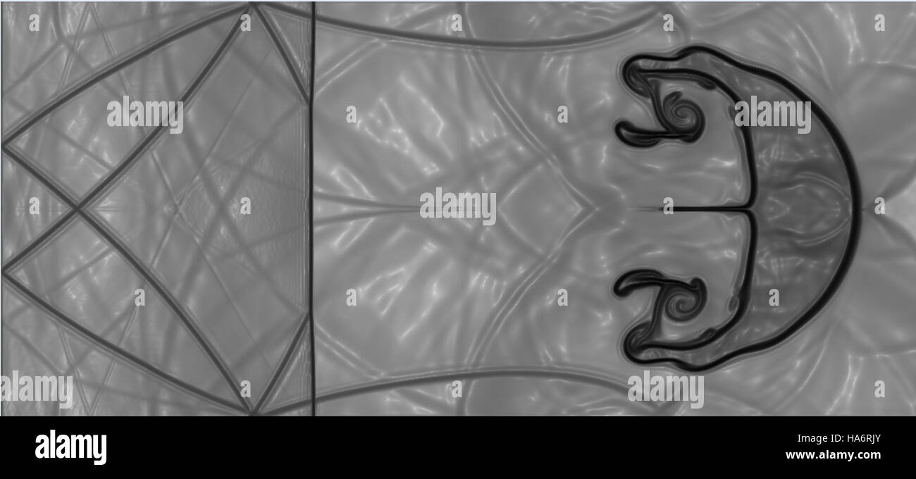 Une étude du Los Alamos National Laboratory, axée sur les méthodes numériques en hydrodynamique de choc, avec des avancées significatives dans les techniques de modélisation informatique pour la compréhension des phénomènes à haute énergie. Banque D'Images