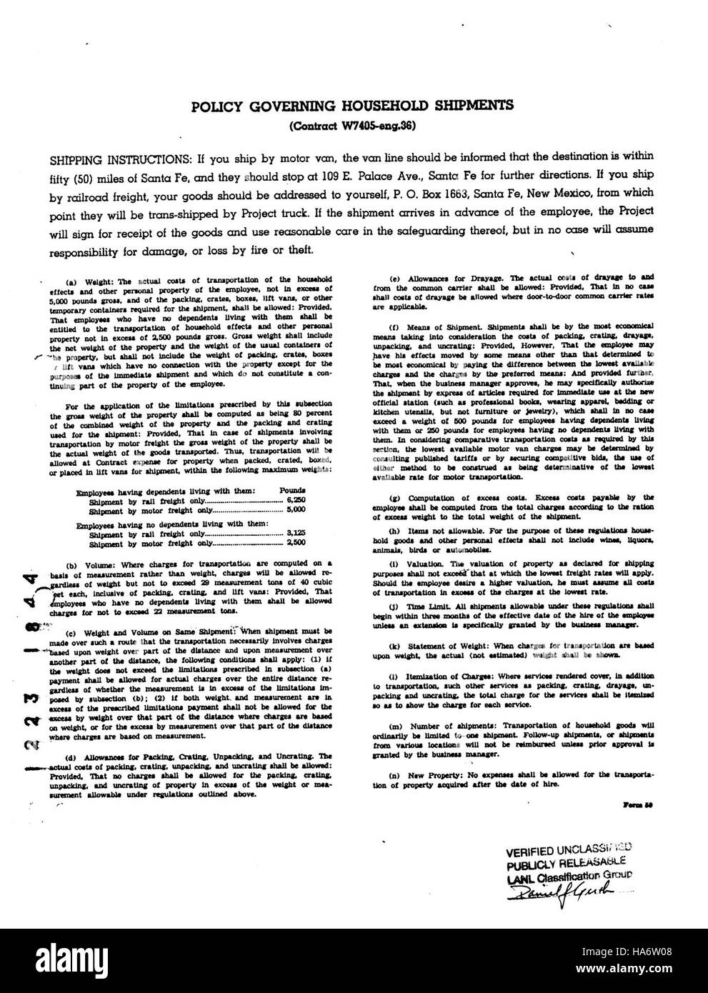 Le laboratoire national de Los Alamos se concentre sur les politiques concernant les expéditions des ménages dans le cadre de ses opérations. Le laboratoire est impliqué dans la recherche scientifique et le développement dans les domaines de la sécurité nationale et de l'énergie. Banque D'Images