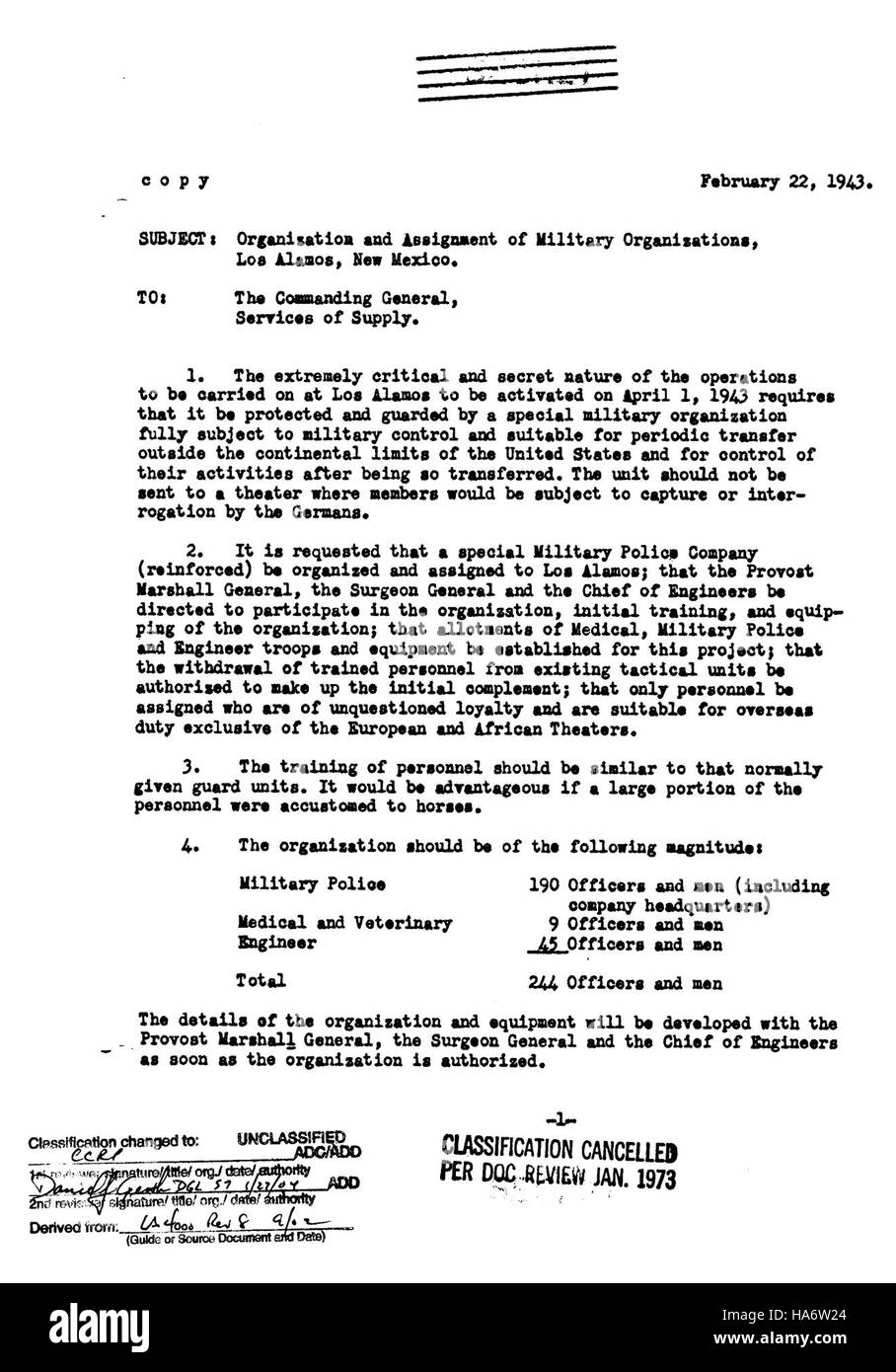 Cette image provient du laboratoire national de Los Alamos, datant du 22 février 1943. Il reflète le rôle critique de la science et de la politique au cours des premières étapes du projet atomique, un moment charnière dans l'histoire des États-Unis pendant la seconde Guerre mondiale. Le laboratoire a contribué à la fois aux progrès scientifiques et aux efforts de sécurité nationale. Banque D'Images
