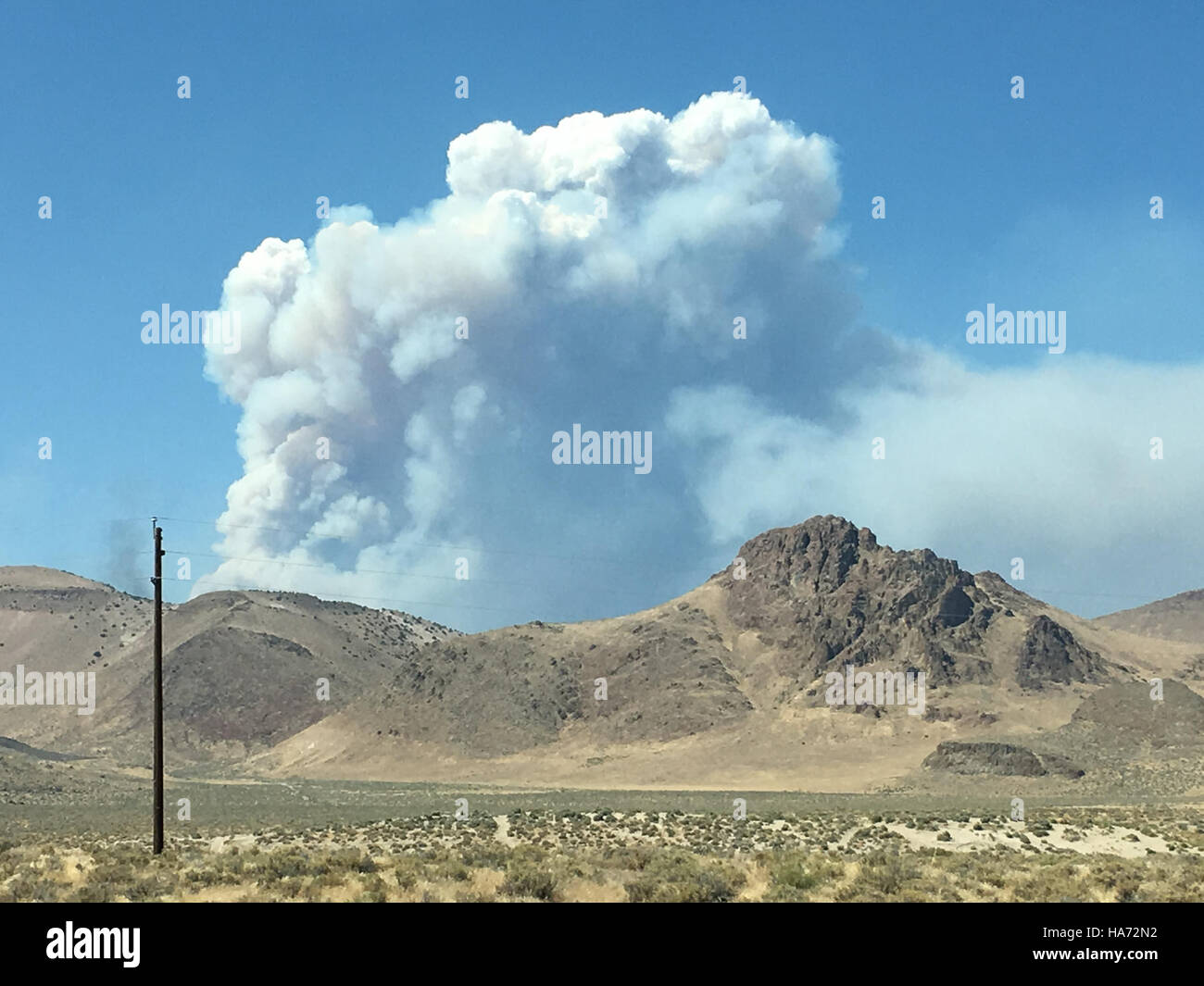 Cette image montre le panache de fumée s'élevant des feux de retour déclenchés au Woody & Big Canyon Ranch dans le Nevada. Les contre-feux sont stratégiquement mis en place pour contrôler les feux de forêt en créant des brûlures contrôlées, aidant à prévenir la propagation de grands incendies dans la région. Banque D'Images
