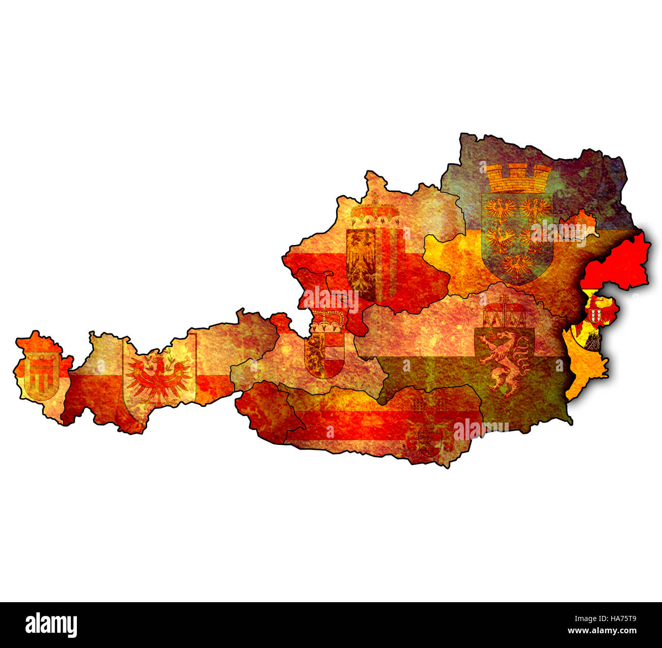 Burgenland drapeau sur la carte de l'Autriche avec les divisions administratives Banque D'Images