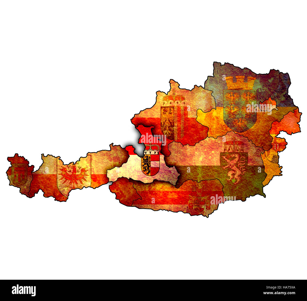 Drapeau de Salzbourg sur la carte de l'Autriche avec les divisions administratives Banque D'Images Drapeau de Salzbourg sur la carte de l'Autriche avec les divisions administratives Banque D'Images
