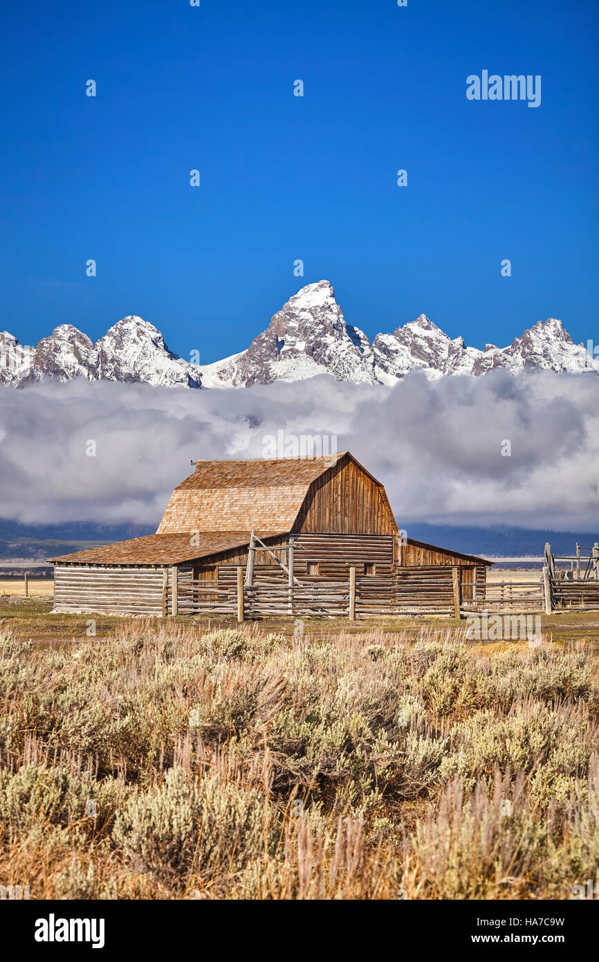 Teton mountain range avec Moulton Barn (connu aussi sous le nom de Mormon Row ou Antilope d'appartements) dans le Parc National de Grand Teton, Wyoming, États-Unis. Banque D'Images Teton mountain range avec Moulton Barn (connu aussi sous le nom de Mormon Row ou Antilope d'appartements) dans le Parc National de Grand Teton, Wyoming, États-Unis. Banque D'Images