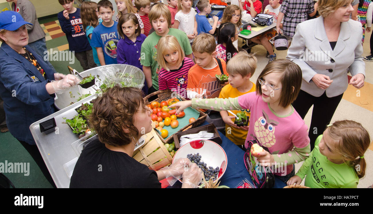 Cette initiative de l'USDA favorise une alimentation saine en incorporant des fruits et légumes frais dans les programmes de repas scolaires pendant la semaine nationale du repas scolaire. L'accent est mis sur les produits nutritifs d'origine locale pour les élèves. Banque D'Images