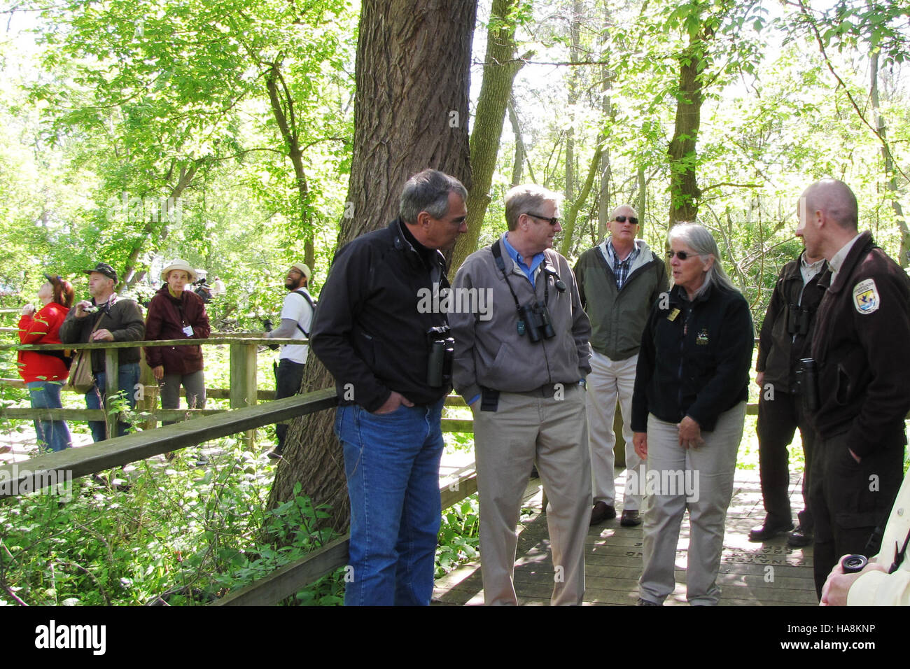 À Magee Marsh, un sanctuaire d'oiseaux de l'Ohio, le directeur régional Tom Melius et le directeur du DNR de l'Ohio Zehringer ont observé des espèces d'oiseaux dans leur habitat naturel. Le parc est un lieu important pour la migration des oiseaux et la recherche en sciences environnementales. Banque D'Images