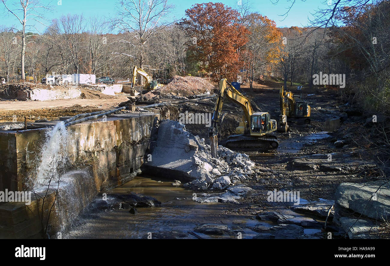 Le projet d’enlèvement du barrage Norton Mill à Colchester, Connecticut, s’inscrit dans le cadre d’un effort visant à restaurer les écosystèmes fluviaux et à améliorer la biodiversité locale en éliminant les infrastructures obsolètes qui entravent la migration des poissons et l’écoulement de l’eau. Banque D'Images