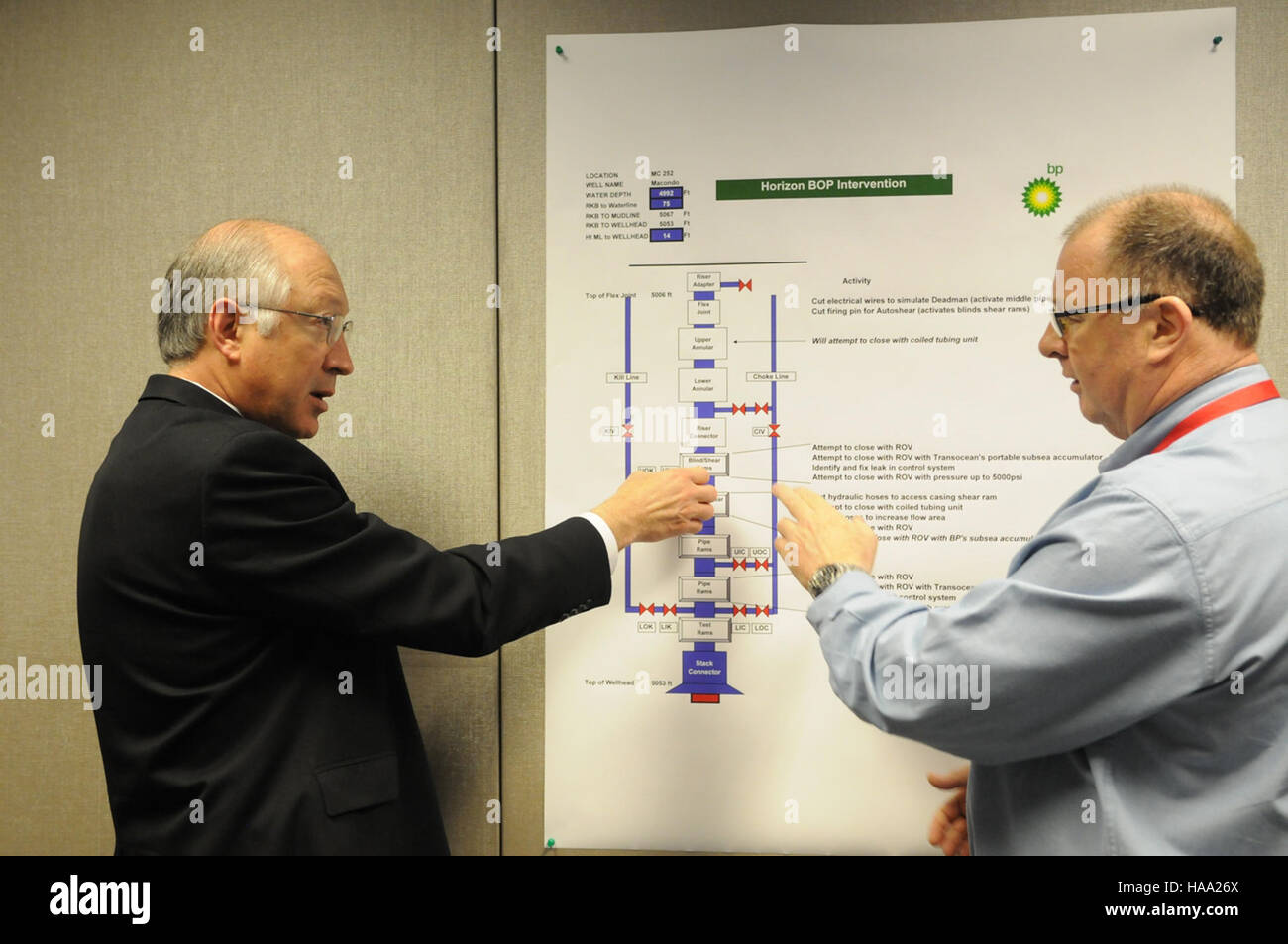 Le secrétaire Salazar reçoit un exposé du personnel de BP et des intervenants fédéraux concernant le déversement de pétrole de 2010, qui traite de l’intervention et des efforts continus dans les parcs nationaux et les régions avoisinantes. Banque D'Images
