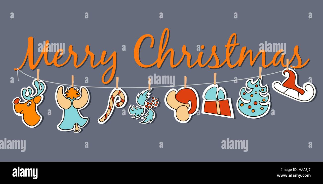 Cosy Christmas banner. Large affiche ou de décoration. dangling Xmas santa chiffres avec red hat, le cerf, l'arbre de Noël, Ange, bonbons, traîneau, cadeau, un cône Illustration de Vecteur