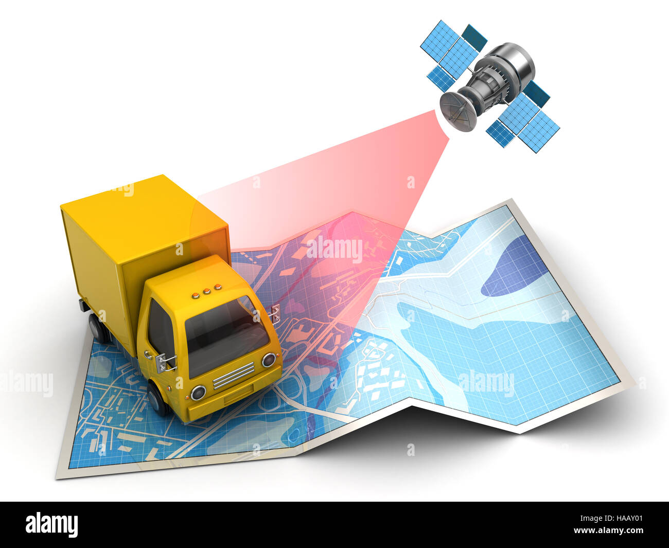 Illustration 3d de suivi des camions par satellite, sur fond de carte Banque D'Images