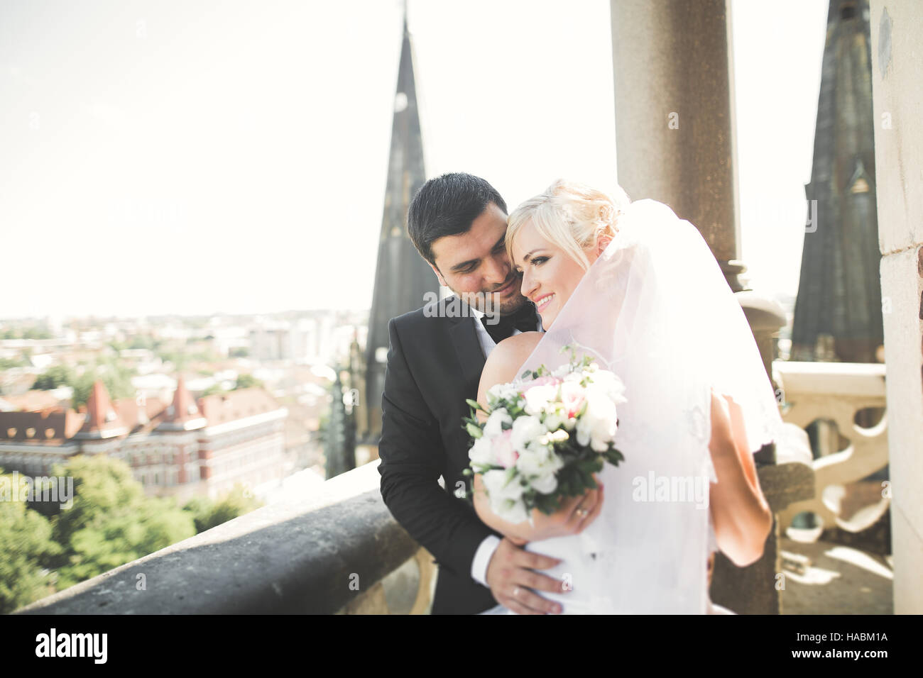 Kissing wedding couple séjournant plus beau paysage Banque D'Images