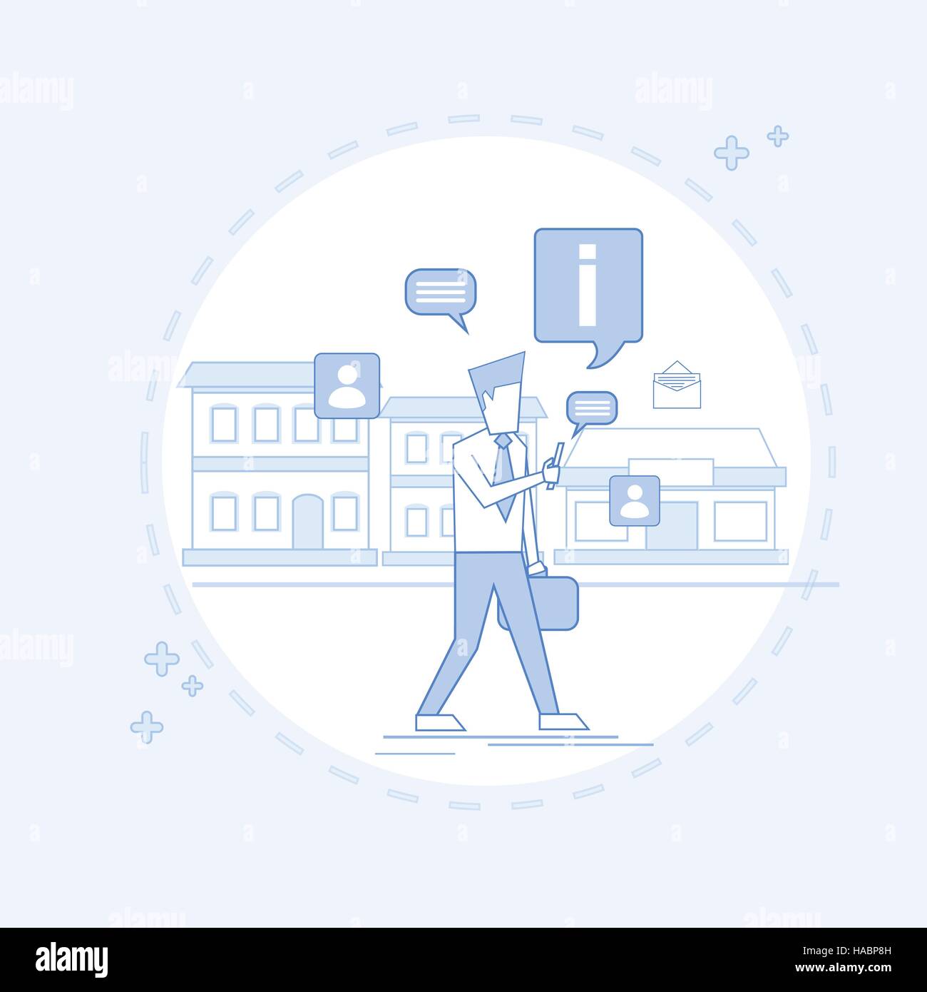 Man Walking Street chat sms, réseau social Communication Ligne mince Illustration de Vecteur