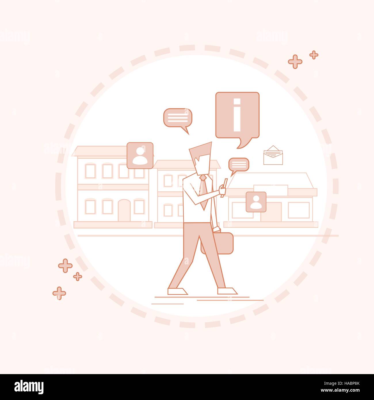Man Walking Street chat sms, réseau social Communication Ligne mince Illustration de Vecteur