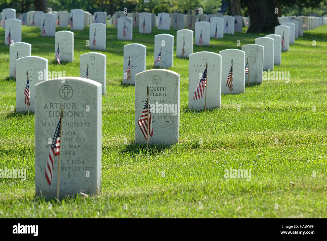 Pierres tombales avec le drapeau américain au cimetière national d'Arlington, à Fort Myer, Arlington, Virginia, USA, le week-end du Memorial Day. Banque D'Images