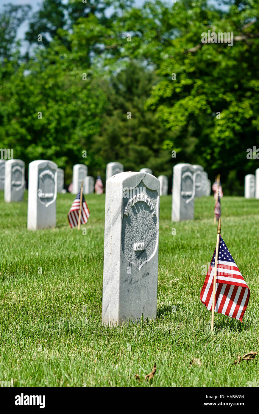 Pierres tombales avec le drapeau américain au cimetière national d'Arlington, à Fort Myer, Arlington, Virginia, USA, le week-end du Memorial Day. Banque D'Images