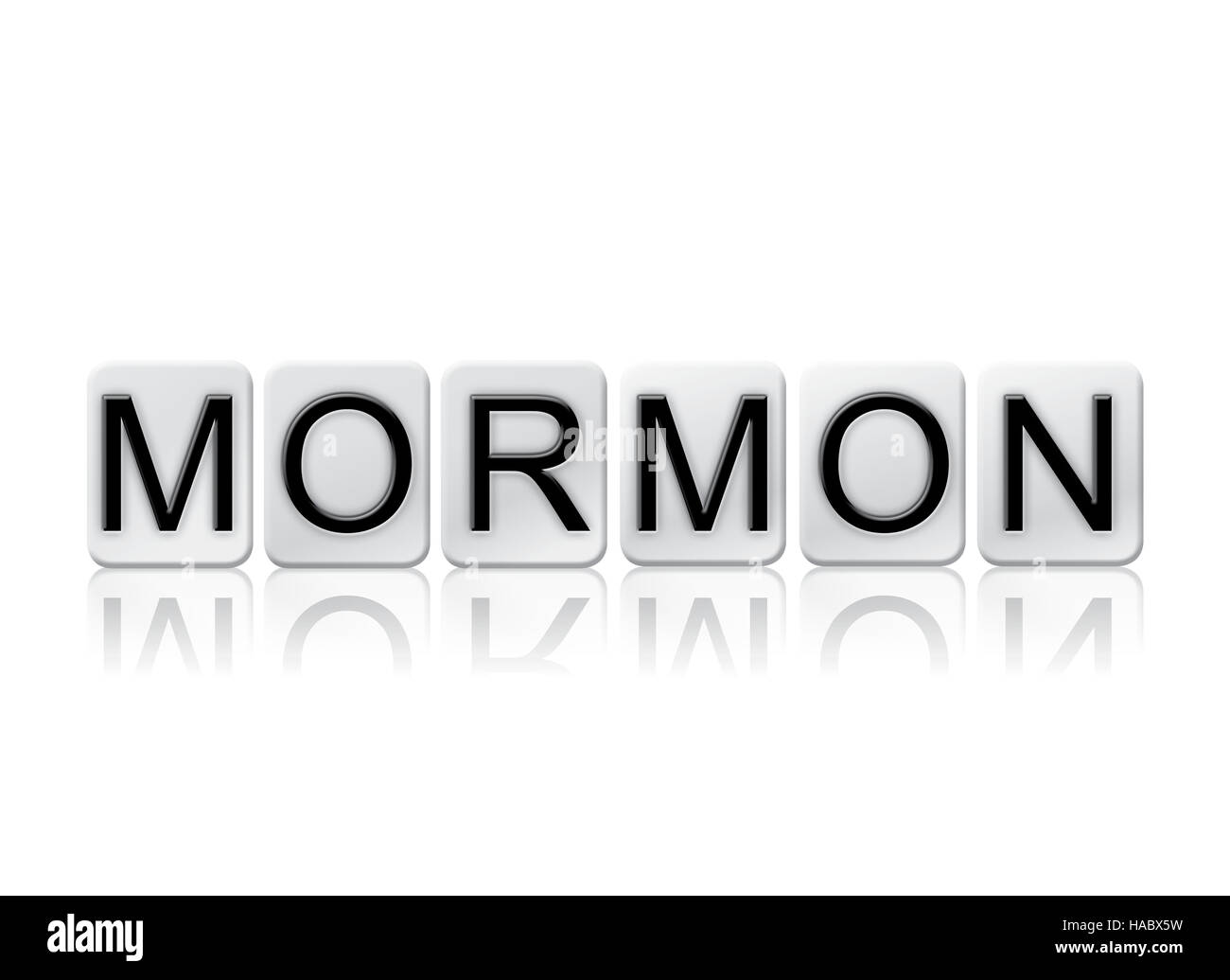 Le mot 'Mormon' écrit en lettres de tuile isolé sur un fond blanc. Banque D'Images