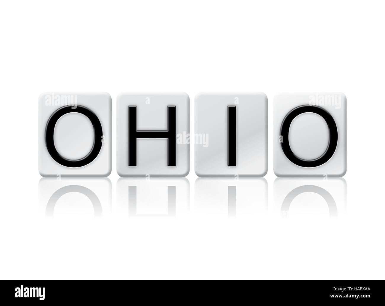Le mot "Ohio" écrit en lettres de tuile isolé sur un fond blanc. Banque D'Images