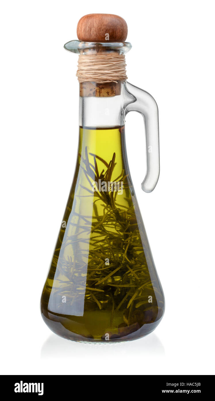 Bouteille d'huile d'olive avec le romarin isolated on white Banque D'Images