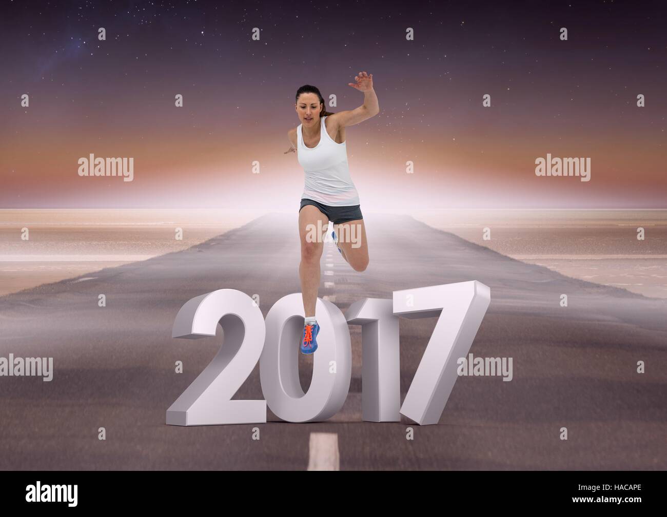 Image composite de 3D 2017 avec sports de fille courir sur route Banque D'Images