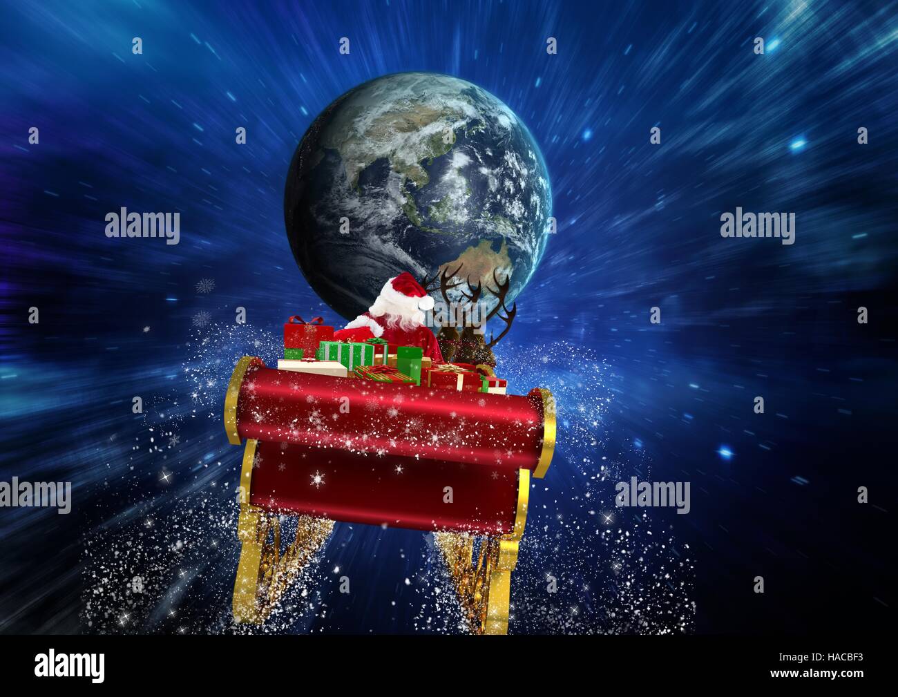 3D Santa Claus équitation traîneau de rennes vers globe Banque D'Images